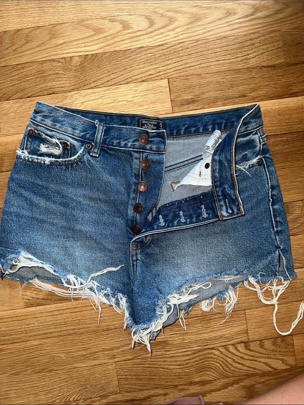 Abercrombie & Fitch Distressed Frayed Hem Denim Shorts - Blue